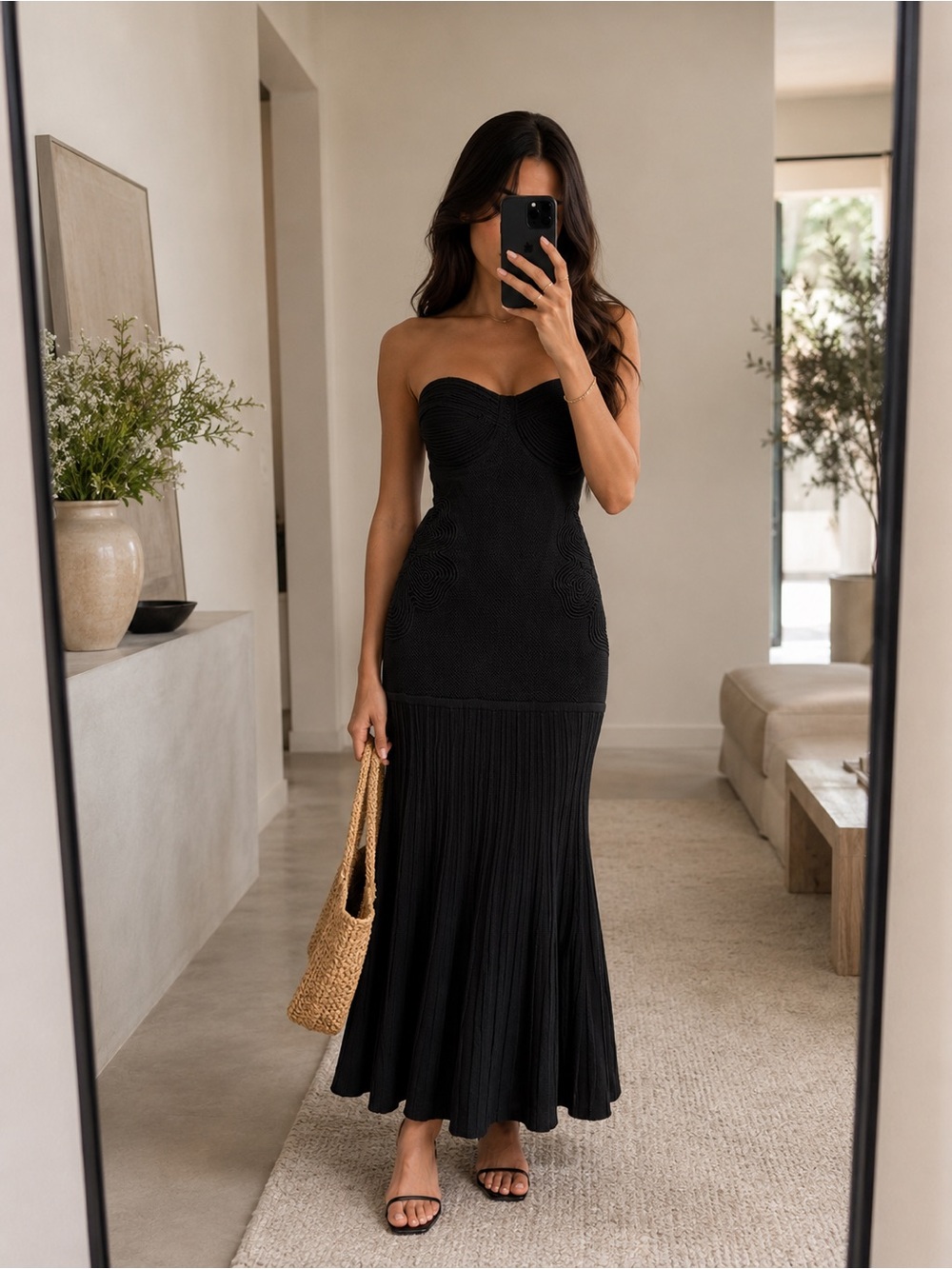Camila Coelho Black Strapless Knit Pleated Maxi Dress Bodycon Mermaid Size S NWO
